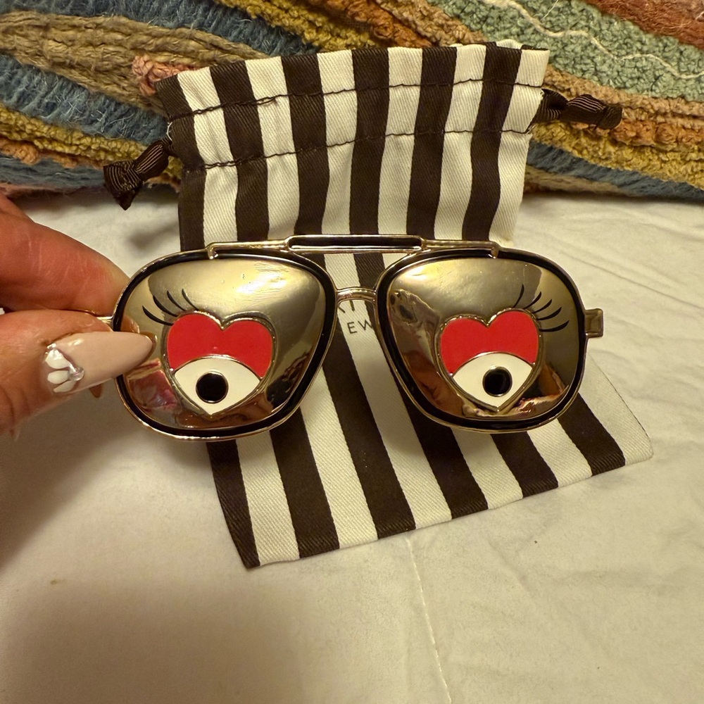 Henri Bendel Heart Sunglasses Keychain- bag charm with Striped Pouch